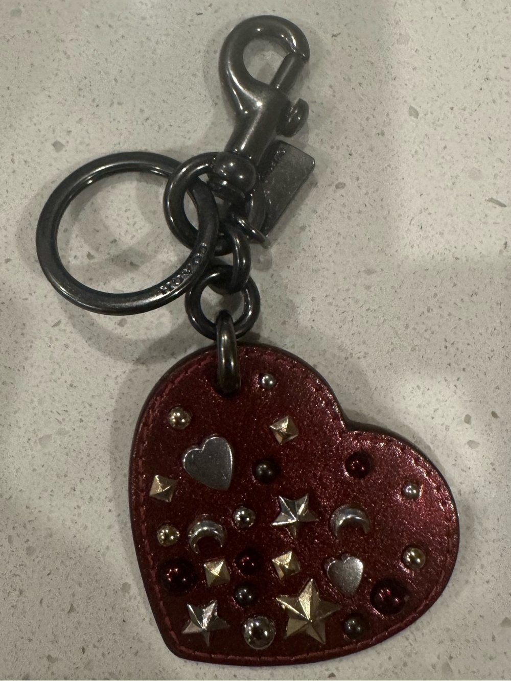 Coach Red Studded Metallic Leather Heart Keychain Charm